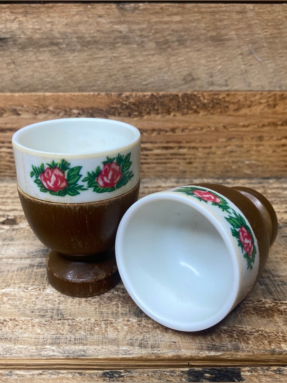 Japanese Egg Cups with Walnut Wooden Base And Floral Pattern Vtg 1960's Nevco